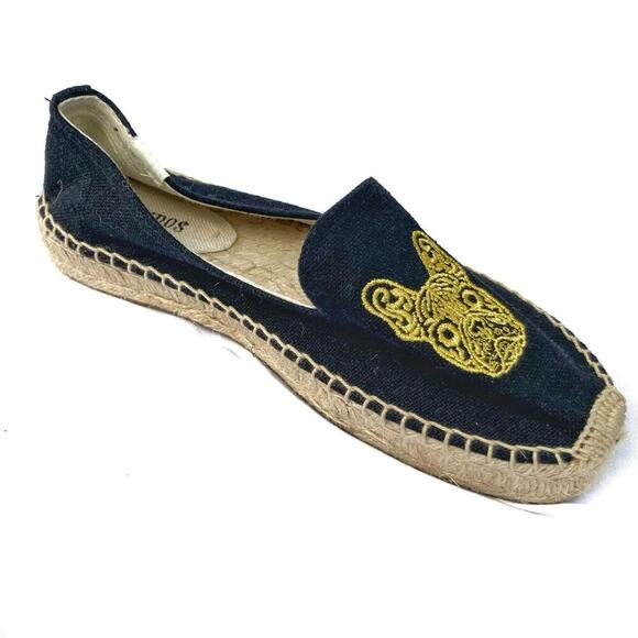 Soludos French Bulldog Embroidered Espadrilles Black Canvas Flats  Summer Vacay - Picture 16 of 16